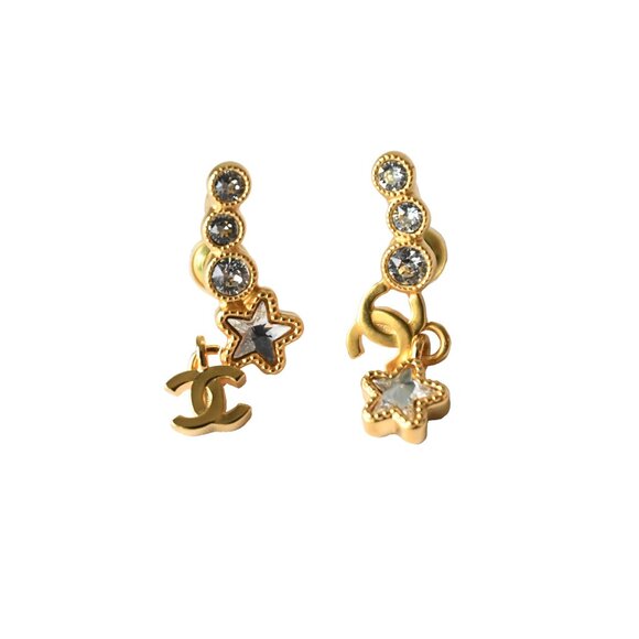Chanel Crystal Strass CC Star Climber Earrings Gold - Picture 1 of 1